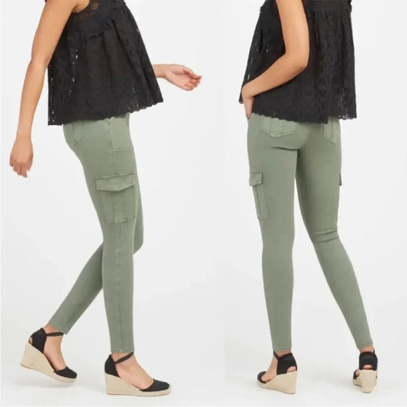 spanx stretch twill ankle cargo pant tight leggings pockets sage green NWT - Picture 2 of 12